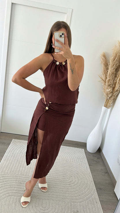 ensemble lin chocolat jupe